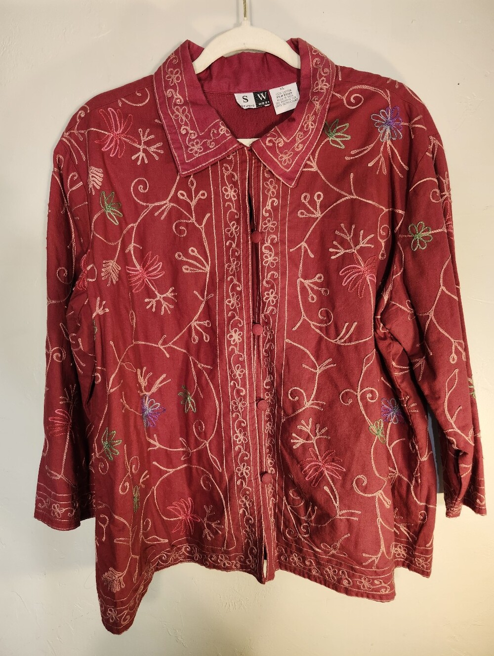 Studio West Embroidered Burgundy Button-Front Jacket